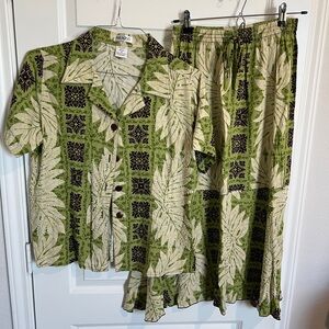 Vintage Paradiso Hawaiian Green Leaf Print skirt & top Set